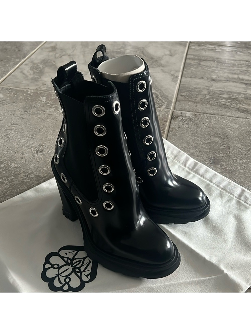 Alexander McQueen Tread Grommet Embellished Black Boots, Size 39.5, Retail $1290